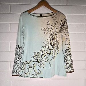 BaMBooco Graphic Flare Sleeve Pima Top Medium Y2K Beaded Hippie Boho Maximalist‎